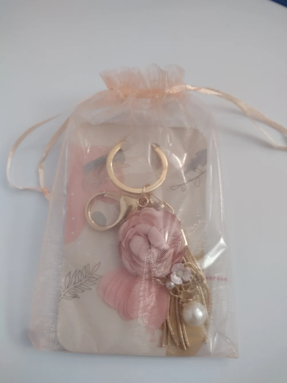 Pink Rose Flower Tassel Keychain Purse Charm Gold Tone Pearl Bag Charm